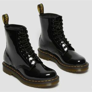 Dr. Martens Shiny Black Boots with Yellow Stitching